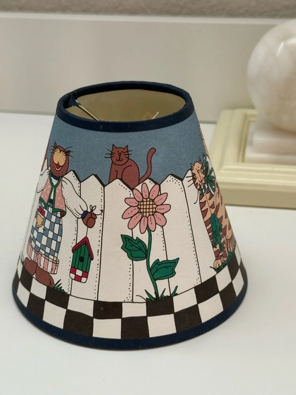 Vintage Alma Lynne Cats Blue and White Folk Art Clip On Lamp Shade